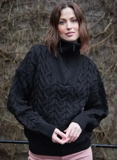 Jessica Cropped Aran Quarter Zip Troyer in Black 